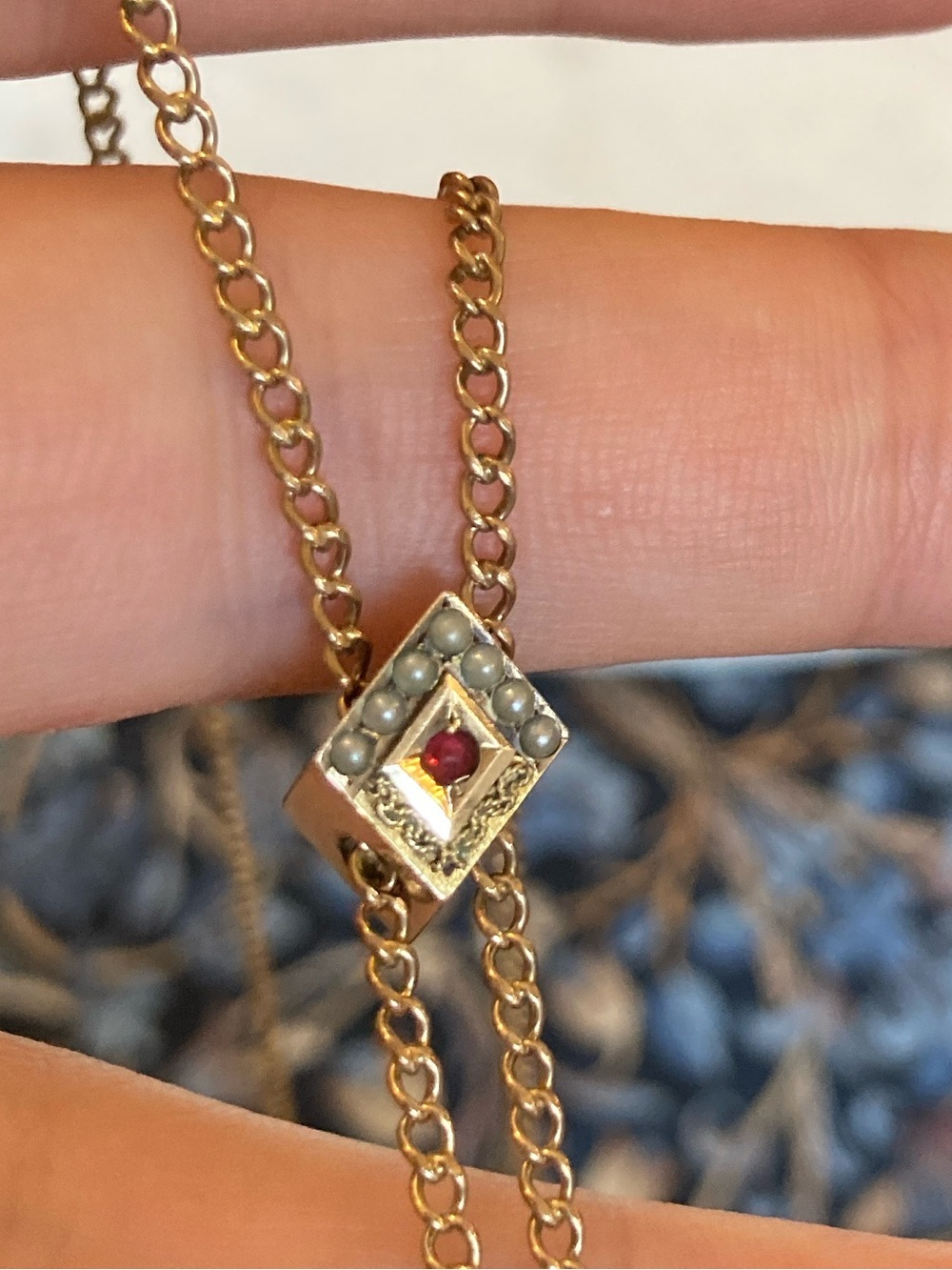 Antique Victorian 1/10 Gold Seed Pearl & Garnet Paste Watch Chain Necklace - Picture 8 of 14